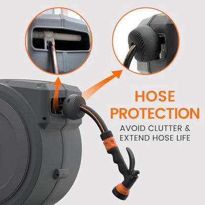 Giraffe Tools Retractable Hose Reel Wall Mounted, 25+2m Garden Hose Reel, 180° Pivotal with 7 in 1 Spray Nozzle, Grey (EUAW-25)