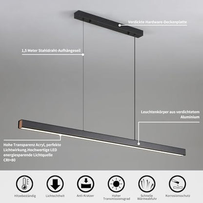 Mikeru 150CM Modern Kitchen Pendant Light, Linear Dining Pendant Light with Remote Control (Without Batteries) 10%-100% Adjustable Hanging Lamp for Restaurant Office