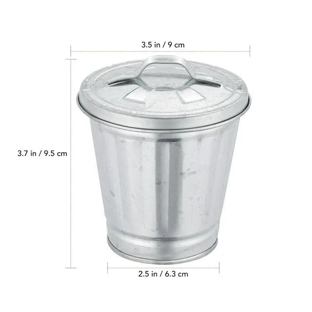 Dwang Silver Mini Galvanized Trash Can with Lid Mini Wastebasket Trash Can Small Metal Buckets Minis Tabletop Trash Metal Rubbish Bin Flower Pot Pen