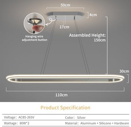 Mikeru Modern LED Oval Pendant Light, 110cm Kitchen Island Pendant Light, Dimmable 3000k-6500k Ceiling Chandelier, Brightness Adjustable 10%-100% for Office, Living Room, Island