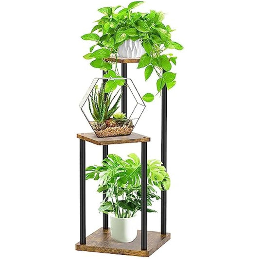 LyTaispuly 3 Tier Plant Stands Indoor Outdoor, Metal Wood Tiered Corner Plant Stand Pot Holder, Wood Flower Shelf Display Rack for Living Room Bedroom Balcony Garden Patio, Black