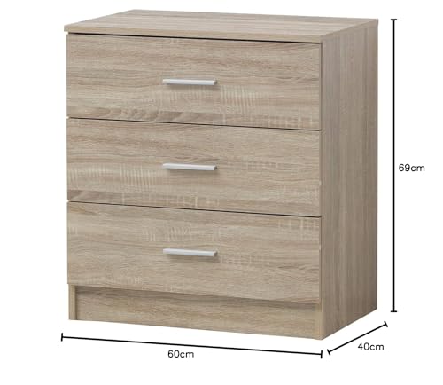 Timber Art Design 3 Drawer Bedroom Chest of Drawers with Metal Handles & Runners Matte Finish Storage Organiser Unit for Bedroom Hallway Living Room