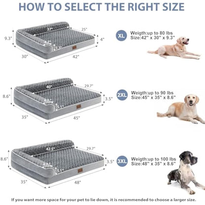 BFPETHOME Large Orthopedic Dog Bed - Big Waterproof Sofa Dog Bed with Removable Washable Cover, Grey, 42"L x 30"W x 7.5"Th