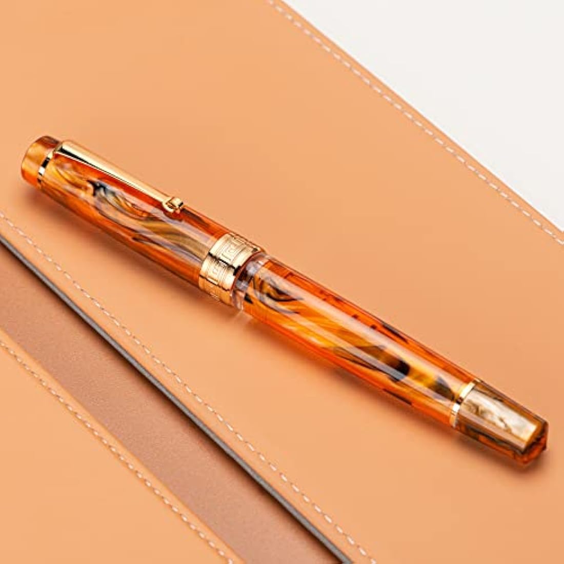 Asvine P20 Piston Fountain Pen Amber Resin, Iridium Medium Nib Gold Trim Smooth Writer Collection with Case Set