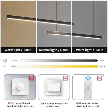 Mikeru Modern Kitchen Island Pendant Lighting, 180cm Hanging Pendant Light Dimmable 10% to 100% Pool Table Lights Put Together Ceiling Lights 3000K/4500K/6500K Linear Chandelier for Living Room