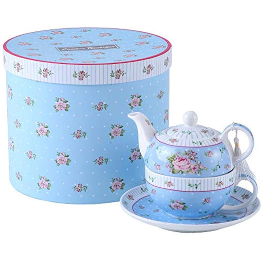 London Boutique Tea for One, Teapot Tea cup Saucer Set Gifts for Women Afternoon Tea Set for 1 Vintage Rose Flora Porcelain Gift for Her (Rose Blue)