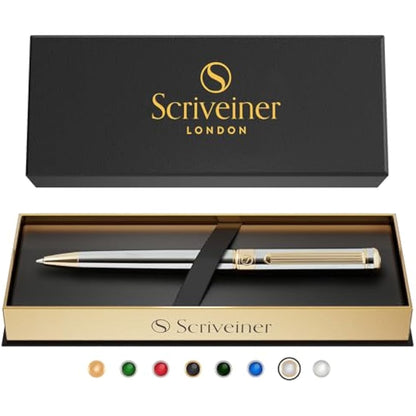 Scriveiner Silver Chrome Ballpoint - Stunning Luxury Pen, Real Gold Finish, Schmidt Black Refill, Best Ball Pen Gift Set for Men & Women, Professional, Executive, Office, Nice, Fancy Pens