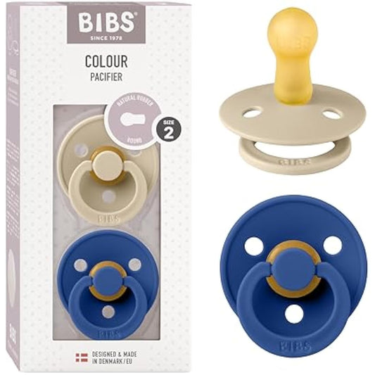 BIBS Colour Soother 2-Pack, BPA Free Dummy Pacifier, Round Nipple. Natural Rubber Latex, Made in Denmark. 6-18 Months (Pack of 2), Vanilla/Cornflower
