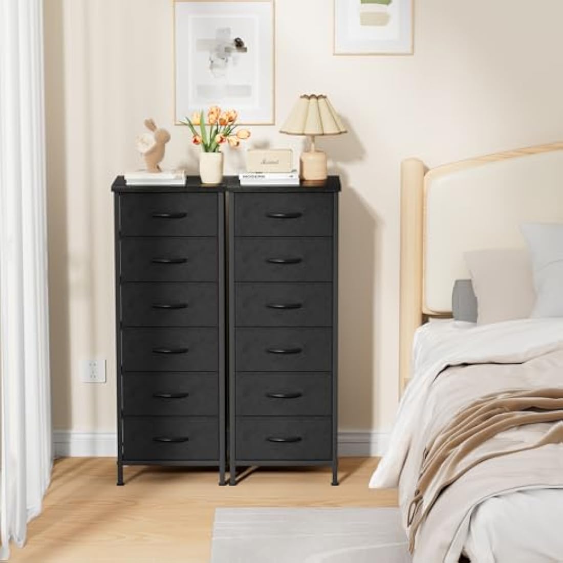 COWISH Tall Dresser with 6 Drawers, Vertical Bedside End Table and Chest of Drawers for Bedroom, Black Furniture with Fabric Drawer Nightstand Organizer Unit in Living Room, Closet, Entryway, Hallyway