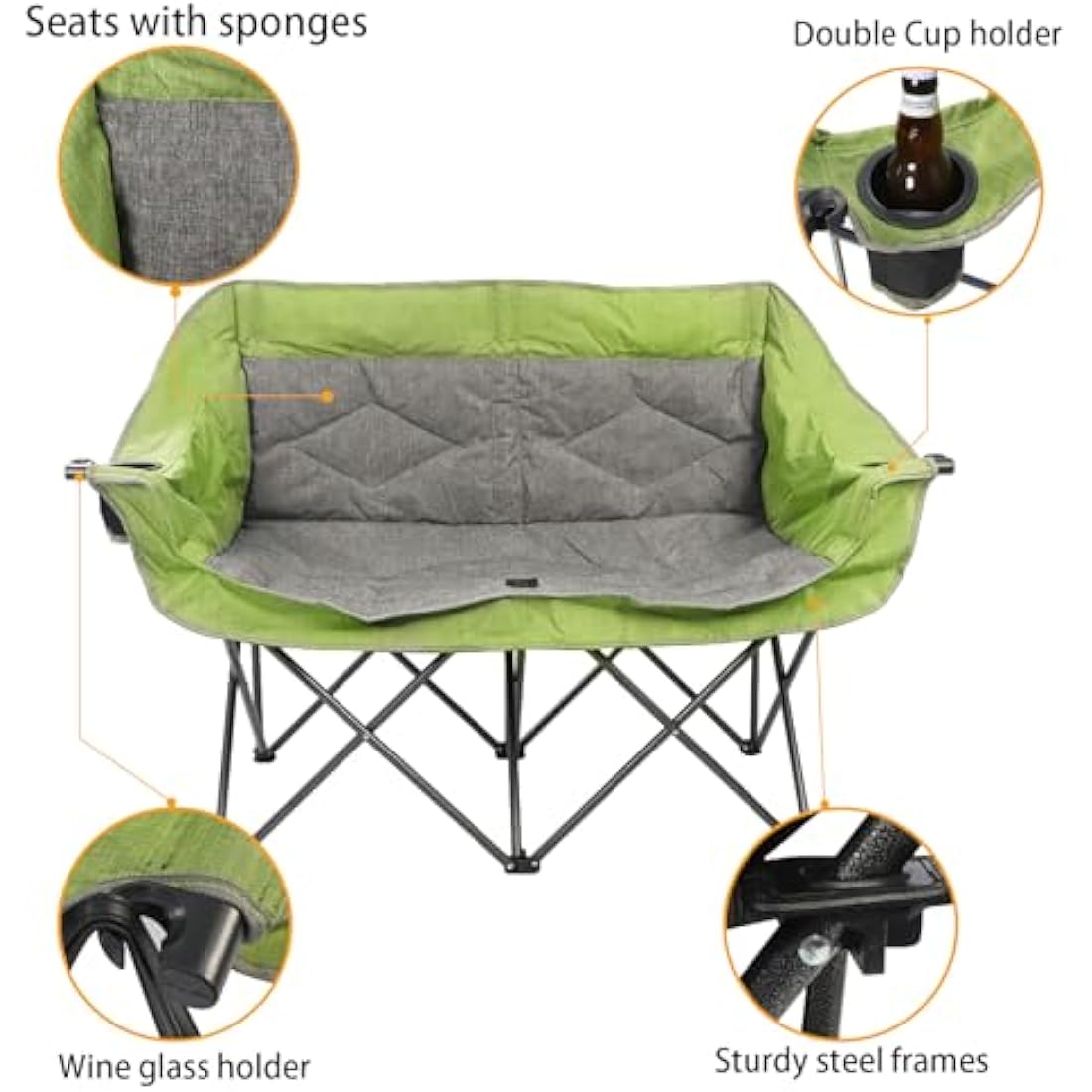 LANMOUNTAIN Folding Loveseat Camping Chair, Portable Double Chair w/Cup Holder,Wine Glass Holder,Carry Bag Heavy Duty Lawn Chair for 2 Adults,Perfect for Camp,Hiking,Picnics and Beach Trips,Green