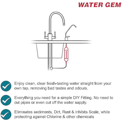 Water Gem Under Sink Filter System Replacement Inline Filter | Kitchen Tap Water Filter Cartridge | Universal 3/8" Male Stem Filter for Chlorine, Taste, Odour and Scale (2 Pack)