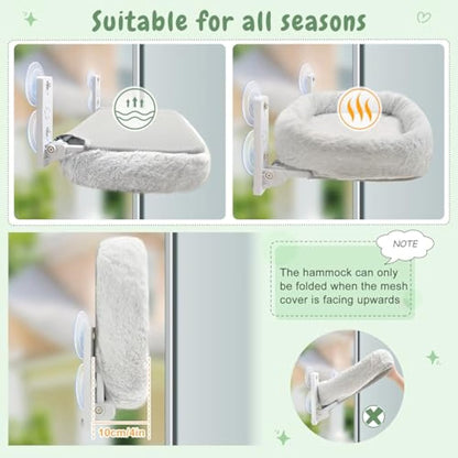 GUUSII HOME Cat Hammock Window Perch Foldable Hanging Bed Windowsill Seat Large Cats Shelf with Strong Suction Cups Kitty Lounger Reversible Cover 53 * 30cm Hold Up to 18kg Easy to AssembleGrey