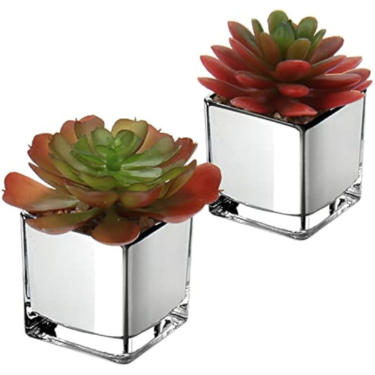 Briful Mini Artificial Succulent Plants, Set of 2 Faux Succulents in Galvanized Glass Pot Modern Fake Plants Plastic Succulents for Centerpiece Bathroom Shelf Bedroom Decor