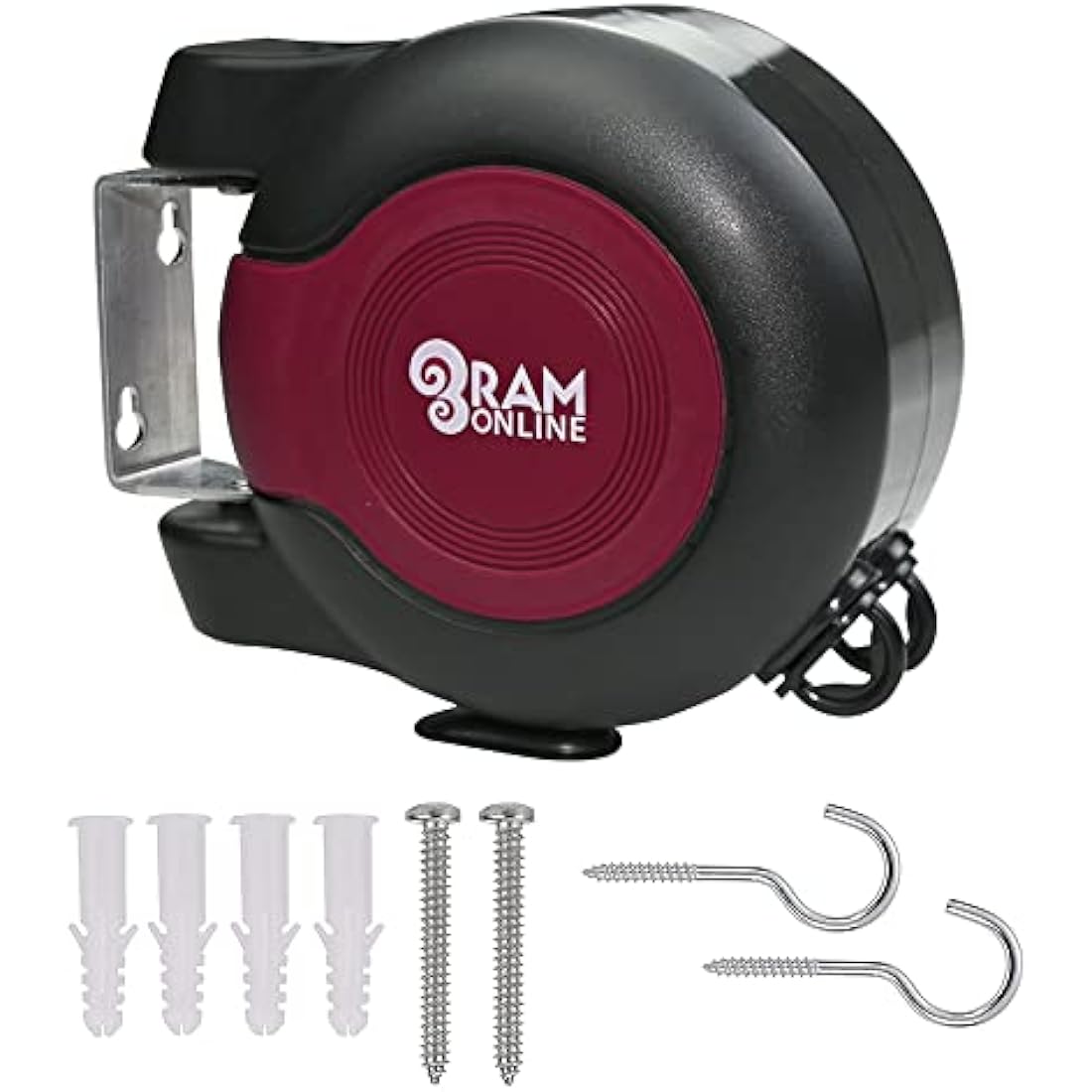 Ram® 30 metre Retractable Reel Clothes Lines Washing Line with Twin Cable - Wall Mounted Heavy Duty Clothes Dryer 2 x 15m Lines of Drying Space, Burgundy