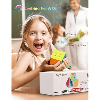 ROXENDA Speed Cube Set, 2X2 3X3 Pyramid Speed Cube Stickerless Fast Cube with Instruction (Stickerless cube set)