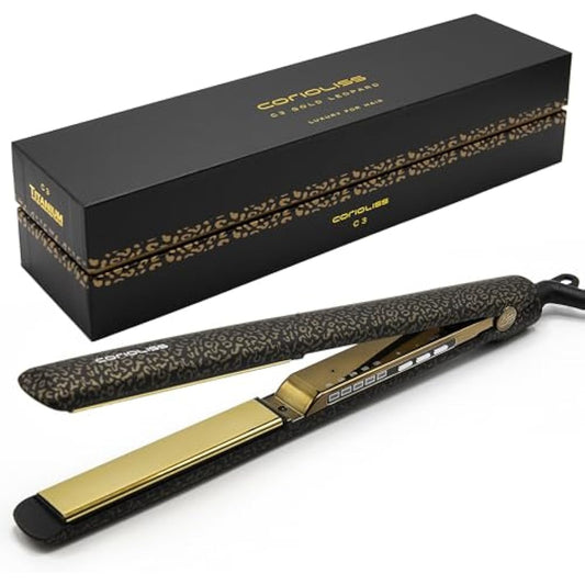 Corioliss C3 Hair Straightener for Women | Professional Extra Long Titanium Plates | Ionic Flat Iron | Temperature Control 135°C-235°C | 20-Second Heat-Up | Travel Case | UK Plug | Leopard Gold