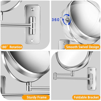 AusDaur Wall Mounted 10X Magnifying Makeup Mirror 8" Double-Side With Extension Arm 360 Swivel for Bathroom and Hotel - Chrome