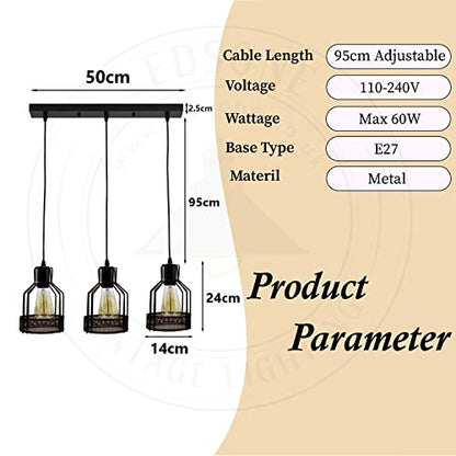 LEDSone Industrial 3 Lights Ceiling Lamp Adjustable Hanging Pendant Lights Flush Mount Ceiling Lighting Fixture E27 Base Black Bird Cage Pendant Lamp