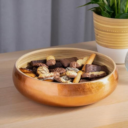 Dehaus® Large Stylish Bamboo Fruit Bowl - 30cm, Rose Gold - Wooden Salad Serving Bowl - Fruit Basket for Kitchen or Bread Basket - Table Centrepiece Decoration - Home & Kitchen Tableware Accessories