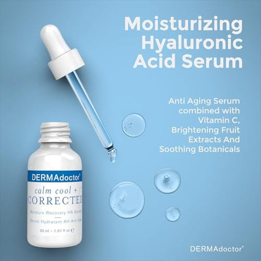 DERMAdoctor Calm Cool + Corrected Dermatologist Formulated Moisture Recovery Hyaluronic Acid Serum with Vitamin C & Niacinamide; Hydrating & Brightening Anti Aging Serum for Sensitive Skin - 30 ml