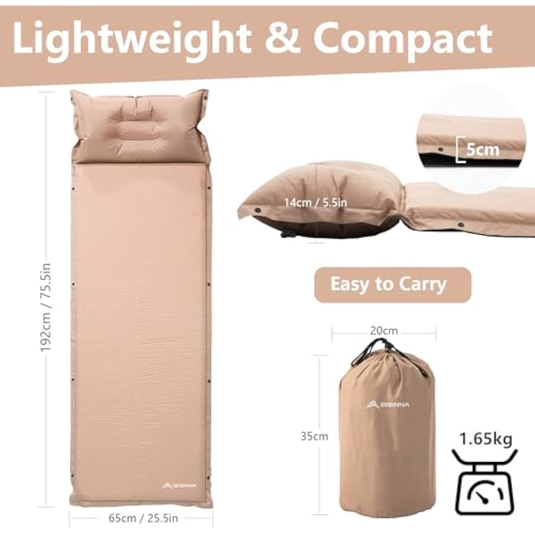 BISINNA Self-Inflating Camping Mat with Air Pillow – 3cm/5cm Thick, Snap-Buckle Design, Khaki/Olive Green, Compact & Lightweight