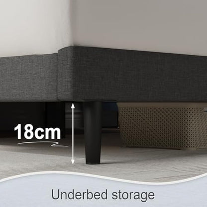 Yocreat Small Double Bed Frame, Dark Grey, Upholstered Wooden Slat Bed Frame with Headboard, Easy Assembly, Underbed Storage, No Box Spring Needed 120×190