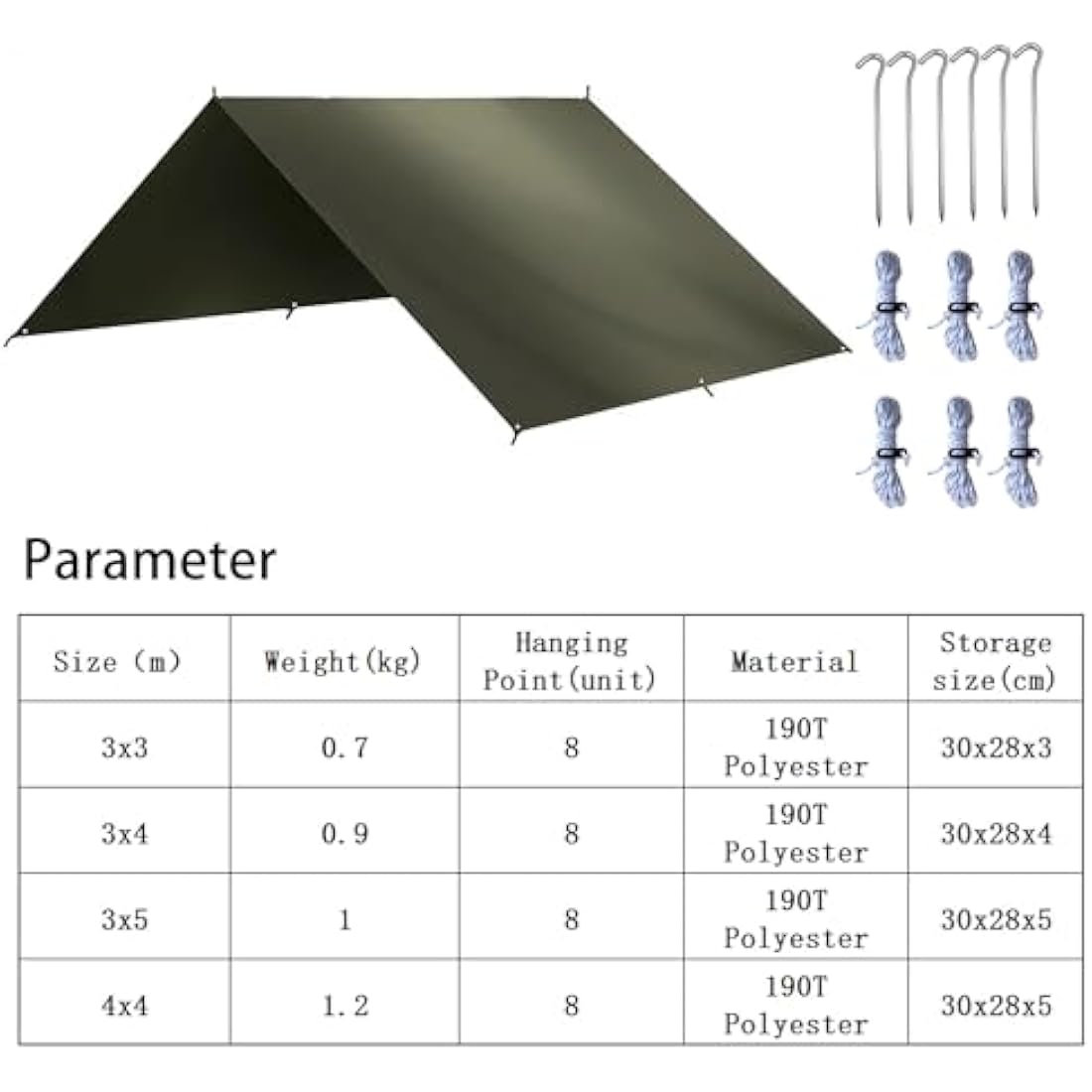 HIDEWALKER Camping Tarp Shelter 3x3m 3x4m 3x5m Lightweight Tent Tarpaulin Waterproof Tent Awning Canopy Basha Sunshade for Hiking Backpacking (Olive Green, 4x4m)