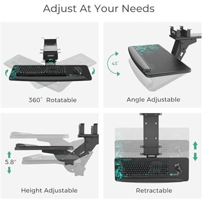 EUREKA ERGONOMIC Computer Keyboard Tray, Height Adjustable Large Black Slide Out Swivel Tilt Under Desk Keyboard Drawer, Ergonomic Keyboard Tray and Mouse Platform with Mouse Pad, Easy to Assemble