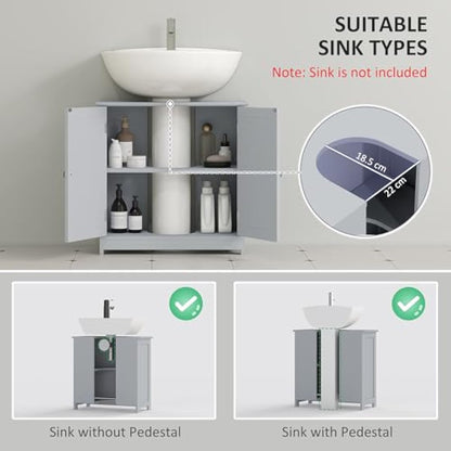 kleankin 60x60cm Under-Sink Storage Cabinet w/Adjustable Shelf Handles Drain Hole Bathroom Cabinet Space Saver Organizer Grey