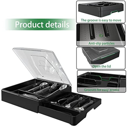 WURDON Double Layer Flatware Organizer with Lid, Cutlery Tray for Countertop Silverware Tray for Kitchen Drawers with 2 Tier Utensil Holder and 9 Compartments Silverware Storage Bin (Black)