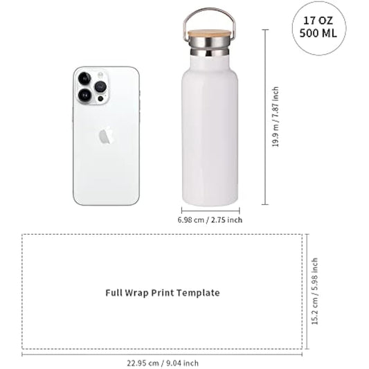 PYD Life Sublimation Water Bottle Blanks White 17 OZ Stainless Steel Sports Bottle Vacuum Flask with Bamboo Lid for Tumbler Heat Press Sublimation Print 4 Pack