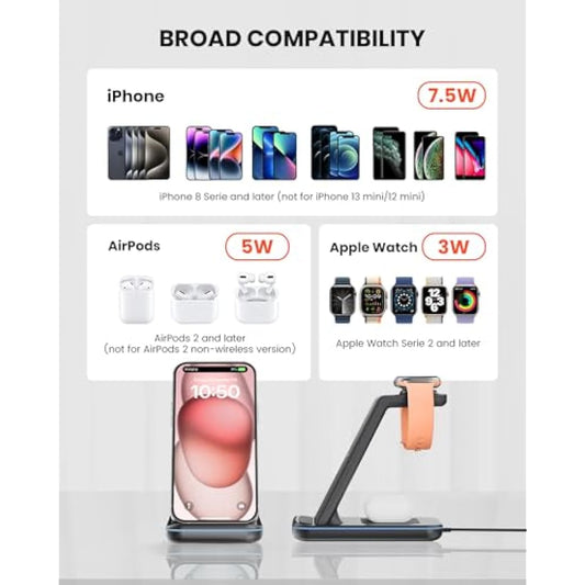 GEEKERA Wireless Charger Stand, 3 in 1 Wireless Charging Station for iPhone 16/15/14/13/12/11/Pro Max/XS/XR/X/8, Fast Charging Stand for Apple Watch 2-Ultra, Docking Station for AirPod 4/Pro/3/2-Black