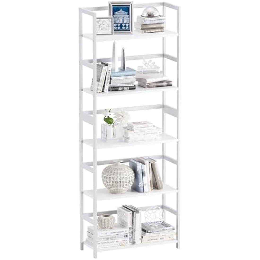 vovala 5-Tier Bookshelf, Industrial Bookcase with Bamboo Frame, Modern Display Standing Shelf Unit, Tall Wood Storage Organizer for Living Room, Home Office, White