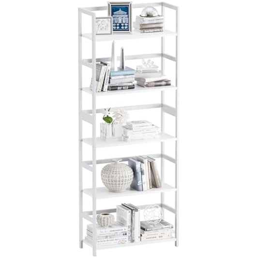 vovala 5-Tier Bookshelf, Industrial Bookcase with Bamboo Frame, Modern Display Standing Shelf Unit, Tall Wood Storage Organizer for Living Room, Home Office, White