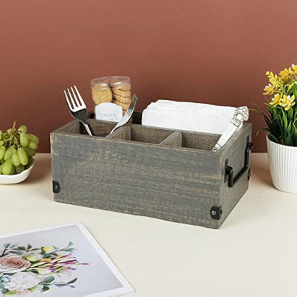 GoCraft 4 Compartment Flatware Caddy, Cutlery Utensil Holder, Silverware Condiment Organizer with Napkin Holder for Kitchen, Dining, Picnics, Grey Washed Mango Wood Caddy with Metal Handles