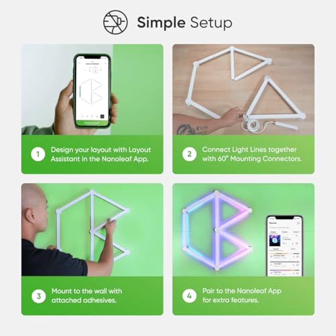 Nanoleaf Lines 60 Degrees Starter Kit, 9 Smart Light Bars LED RGBW - Backlit Modular Wi-Fi Colour Changing Wall Lights, Music & Screen Sync, Works with Alexa Google Assistant Apple Homekit, Room Decor
