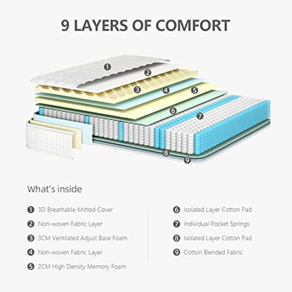 Vesgantti 3FT Single Mattress, 10 Inch Hybrid Mattress with Breathable Memory Foam and Individually Pocket Spring - Medium Firm, White