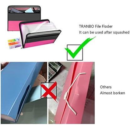 TRANBO 13 Pockets Expanding File Folder with Zipper Closure, A4 Plastic Document Wallet Organizer with Handy Front Pocket for Personal Office Stationary Storage