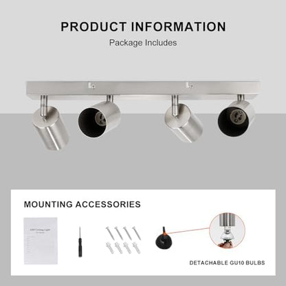 Ketom Adjustable 4 Way Ceiling Spotlight Fitting - GU10 LED Ceiling Light Rotatable - Indoor Spotlights Ceiling Lights - Modern Matt Nickel Metal Ceiling Spotlight - GU10 Bulb Base - Bulb Not Included
