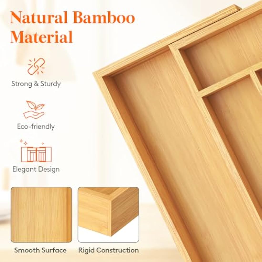 Lifewit Bamboo Extra Large Cutlery Drawer Organiser, Expandable to 36 Inches Cutlery Tray for Kitchen, Adjustable Silverware and Flatware Holder, Plastic Utensil Storage for Spoons Forks Knives