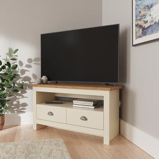 GFW Lancaster Wood Corner TV Cabinet With Shelf & Drawers, Cream, 95 x 51 x 45 cm