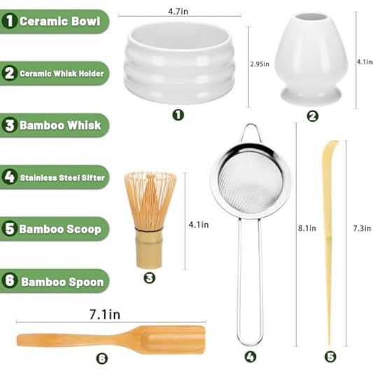Geebuzz Matcha Whisk Set - Matcha Bowl and Bamboo Matcha Whisk, Scoop, Spoon, Sifter, Whisk Holder, 6pcs Perfect Matcha Starter Kit for Matcha Tea Ceremony (White)