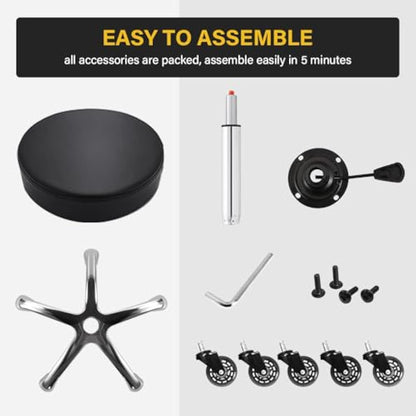 WKWKER Heavy Duty Beauty Stool On Wheels Swivel Adjustable Thick Leather Seat Chair For Kitchen Drafting Lab Office Massage Black