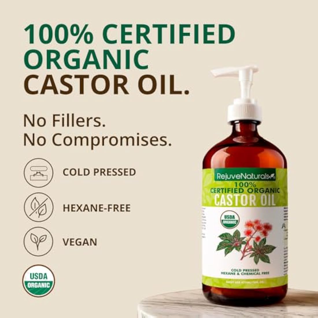 Castor Oil (16oz Glass Bottle) USDA Certified Organic 100% Pure Cold Pressed Hexane Free by RejuveNaturals. Boost Hair Growth for Eyelashes Eyebrows & Hair. Natural Dry Skin Moisturizer