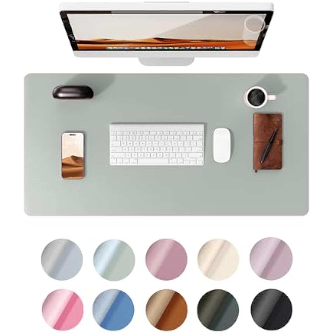 YSAGi Leather Desk Mat, Large Mouse Mat, Non-Slip Desk Pad, Waterproof PU Leather Table Protector Writing Pad for Office and Home (60 x 35 cm, Grayish Green)