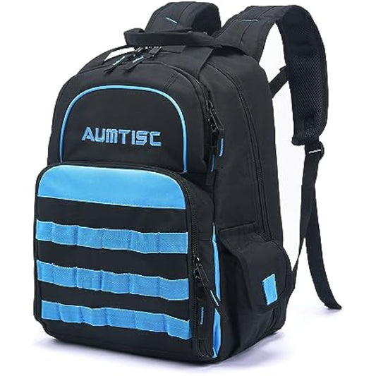 AUMTISC Electrician Tool Backpack,Heavy Duty Durable Tool Bag,Technician Tool Storage with Multi-Pockets Storage Organiser,16in x 11in x 9in,Blue