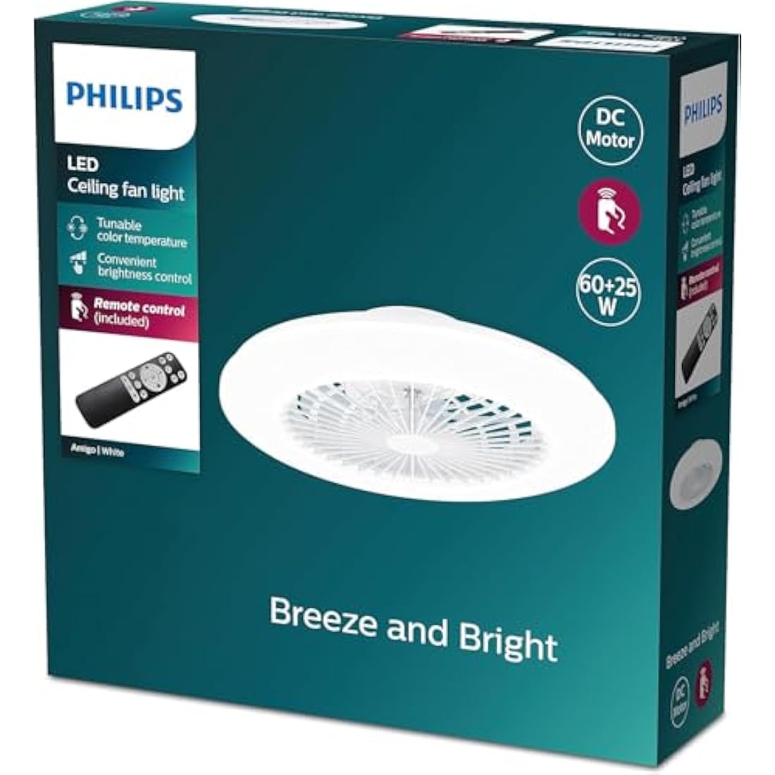 Philips LED Round Flat Fan Light 25W+60W with Remote Control [25W+60W - White] for Indoor Home Lighting, Living Room, Study, Office, Bedroom