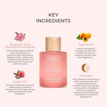 COCOSOLIS ROSE Purify & Nourish Oil Cleanser, moisturizing cleansing oil and make-up remover, vegan, with rose extract and vitamin E