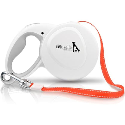 bluzelle 8m / 26ft Retractable Leash for Dogs up to 50kg / 110lbs, Bright Neon Orange Reflector Nylon Belt with 360° Snap Hook Metal, Reliable Braking One-Hand Ergonomic Rubberized Handle, White
