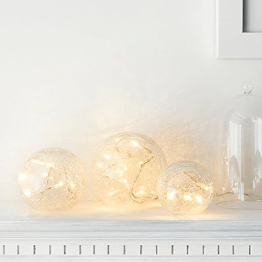 Lights4fun Set of 3 Fairy Light Orbs Crackled Glass Balls LED Lights Battery Operated Table Lamp Warm White LEDs with Timer Orbs for Bedroom Home Wedding Decor & Party